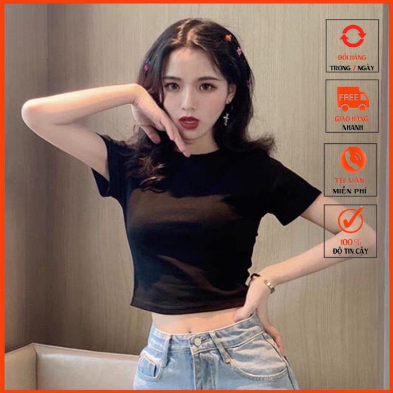 Gía Bán Sỉ Áo croptop cổ tròn lên form sang đẹp, thun Forever 21 co giãn 4 chiều êm tiêu đen neon trơn