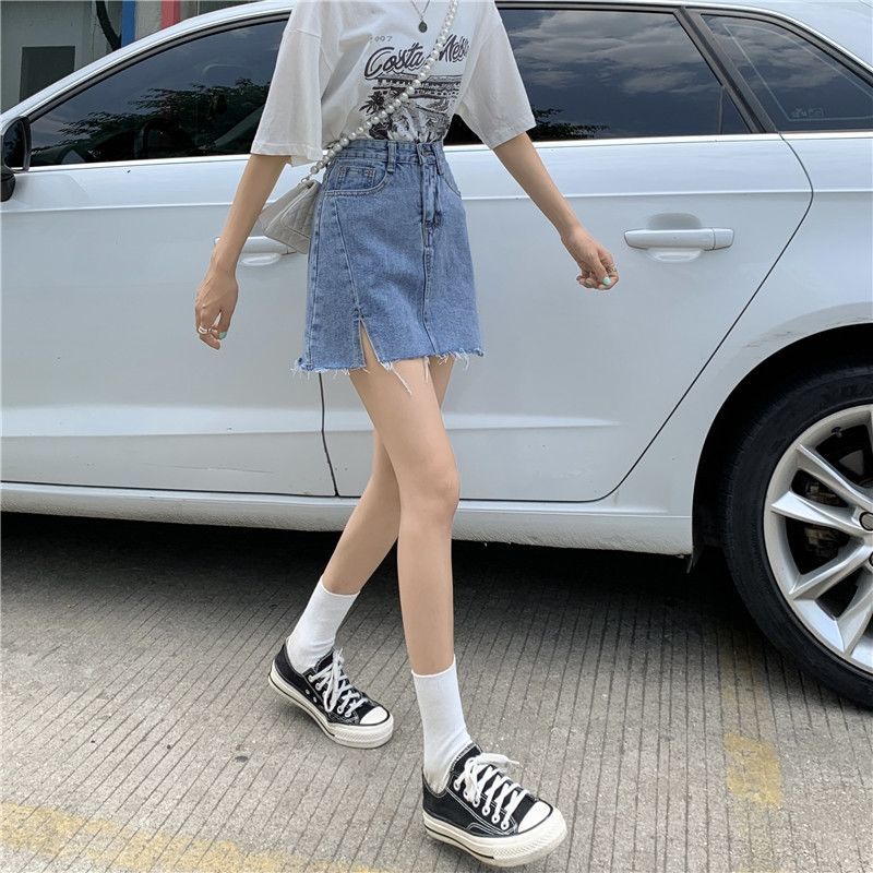 COZOK Chân váy jean Lưng Cao Xẻ Tà Đơn Giản Hợp Thời Trang Dễ Phối Đồ