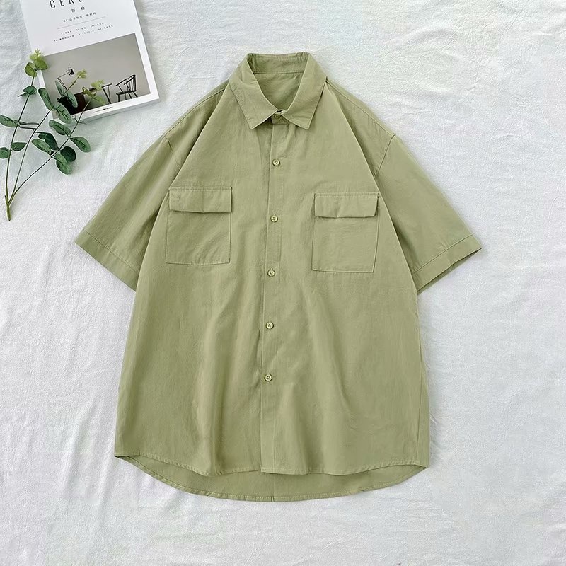 Áo sơ mi tay ngắn dáng rộng vải cotton thiết kế đơn giản phong cách Hàn Quốc thời trang cho unisex