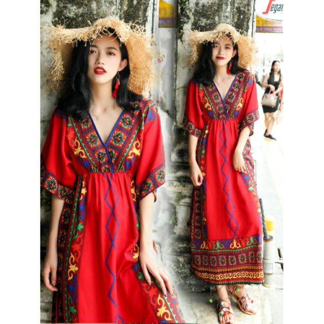 Váy Du Lịch Boho Màu Đỏ Cổ V ( V11 )