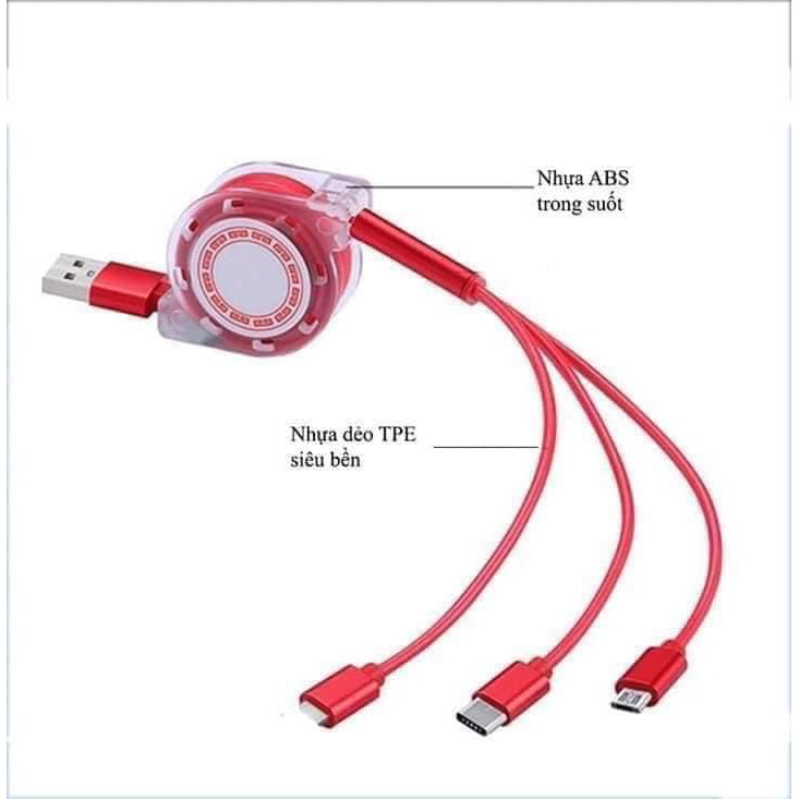 Sạc dây rút đầu usb đa năng 3 đầu sạc , cáp sạc 3 đầu tiện dụng