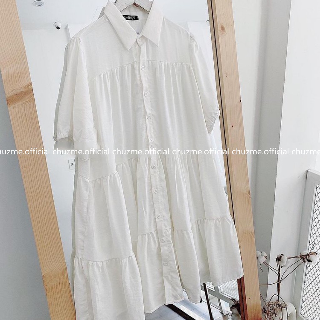[Có ảnh thật] Đầm sơ mi babydoll xếp tầng cổ đức tay bồng