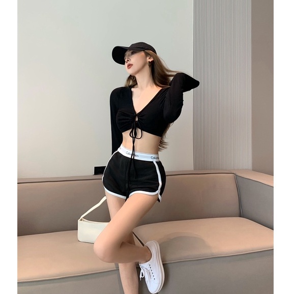 QADCOL  Áo Kiểu Tay Dài Cổ Chữ V Dáng Ôm Thời Trang Retro Cho Nữ