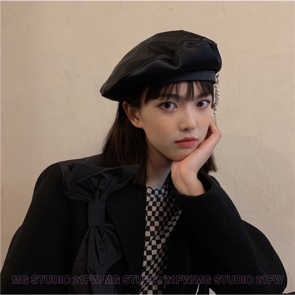 Mũ beret MG Studio đính chuỗi ngọc trai 3 màu tùy chọn