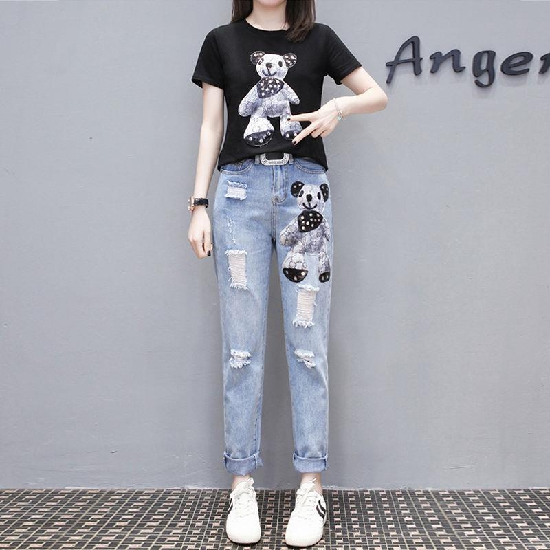 Bộ Áo Thun In Hoạt Hình One Piece + Quần Jean Dài Phối Rách Đính Kim Sa Thời Trang 2022 Cho Nữ