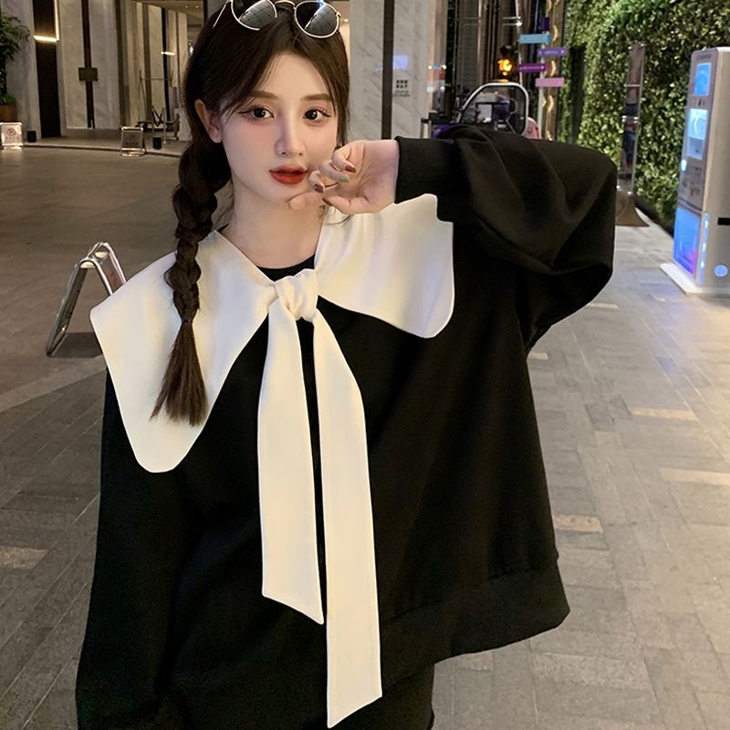 Áo Sweater màu đen đính nơ thời trang mùa thu cho nữ