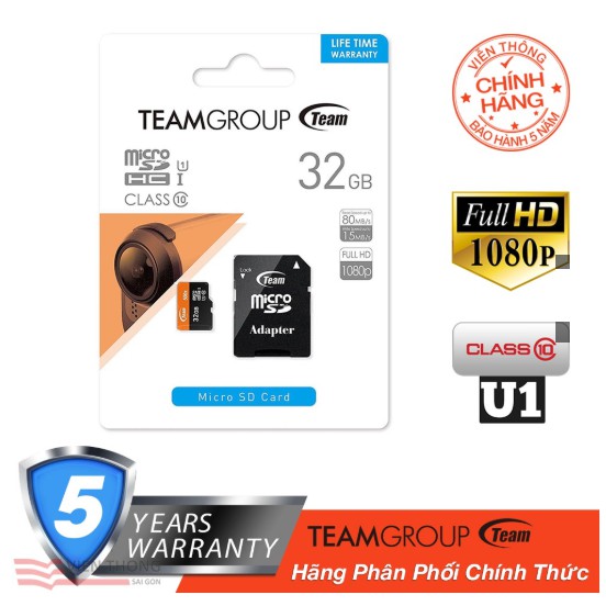 Thẻ nhớ microSDHC Team 32GB 500x upto 80MB/s class 10 U1 kèm Adapter (Cam) - Hàng Chính Hãng