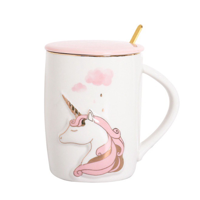Ly Cốc Sứ Unicorn Kỳ Lân 450ml Có Nắp và Thìa Xinh Xắn