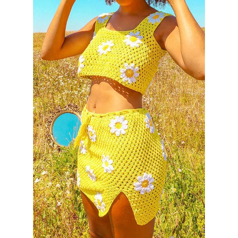 DUNEA Bộ đồ gồm áo 2 dây dệt hoa và chân váy xẻ tà thời trang xinh xắn cho nữ