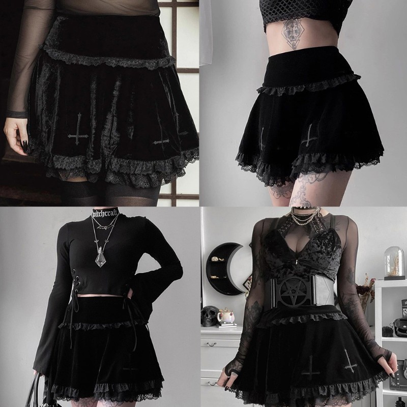 Chân váy mini vải nhung đen viền ren xếp ly thêu hình chữ thập phong cách gothic dành cho bạn nữ
