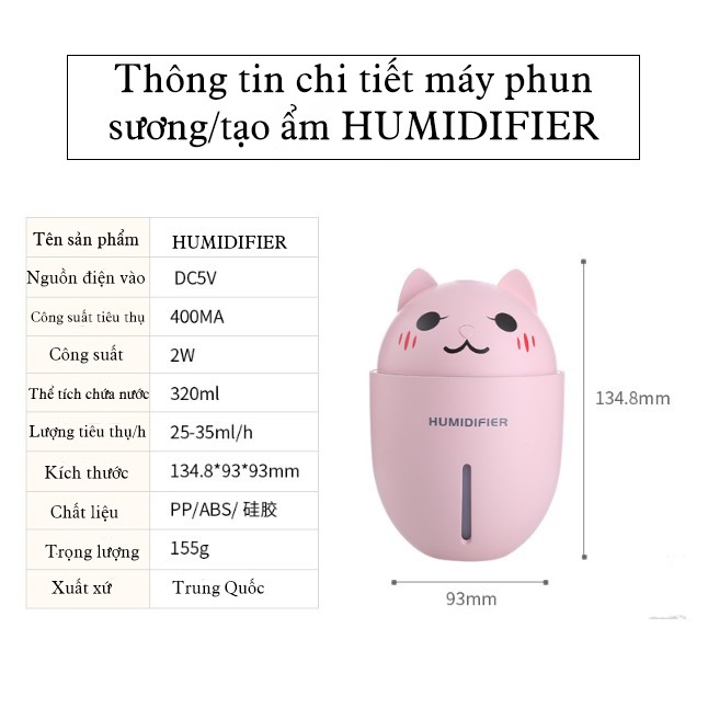 Máy phun sương HUMIDIFIER. Máy xông tinh dầu Kiz Mart. Tặng kèm đèn led usb và quạt mini usb.Công suất lớn