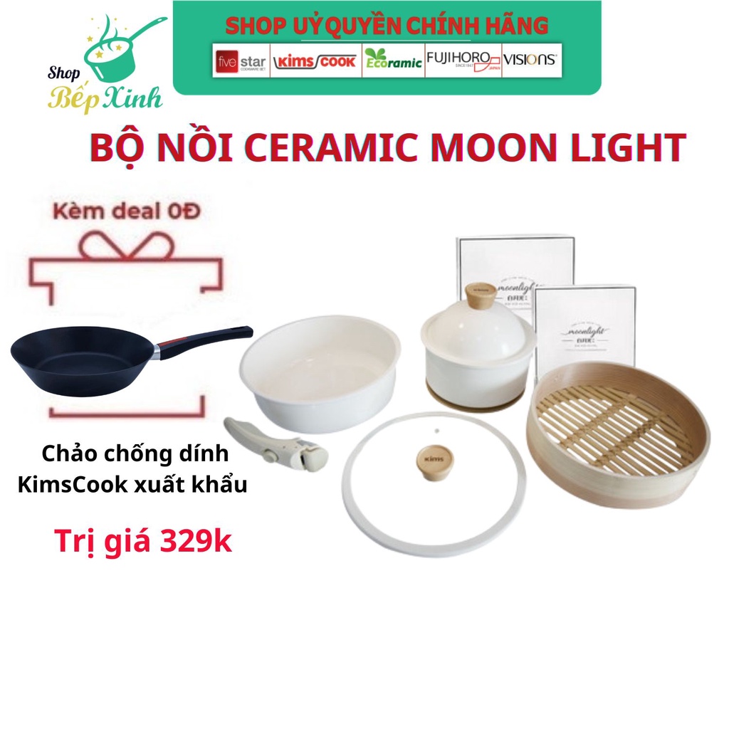 Bộ nồi đa năng tay rời Moonlight_Kimscook-Bộ Nồi Chảo Chống Dính Men Đá Kèm Xửng Hấp KimsCook Tay Cầm Tháo Rời