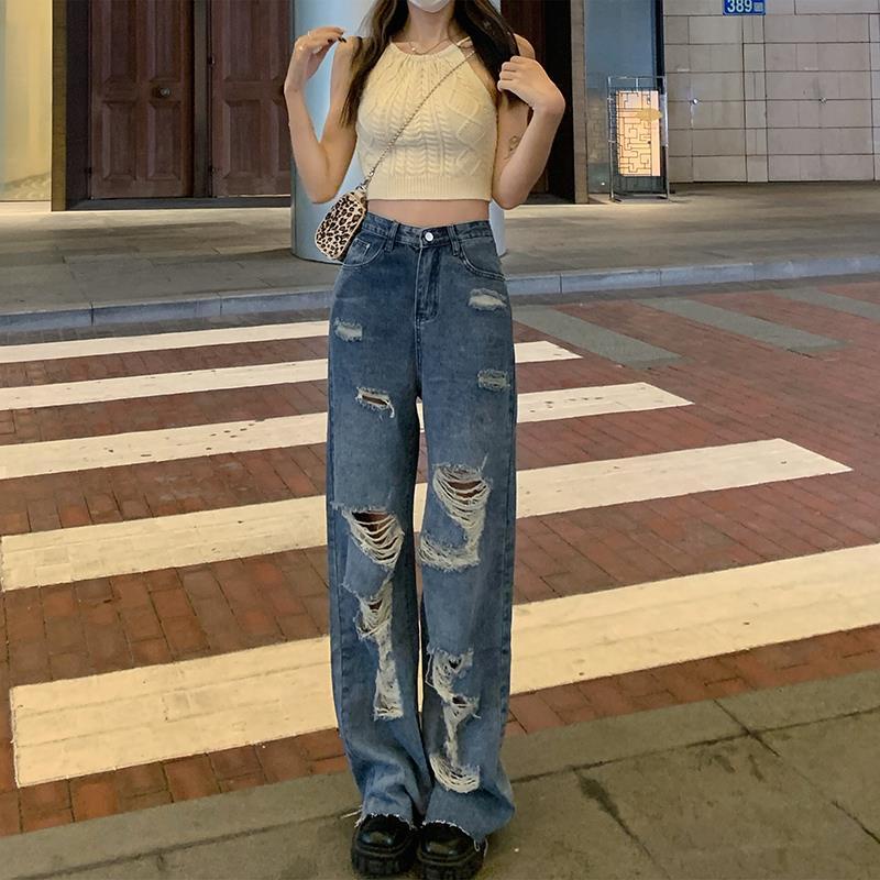Quần Jeans Dài Ống Rộng Lưng Cao Rách Gối Thời Trang Cho Nam Và Nữ