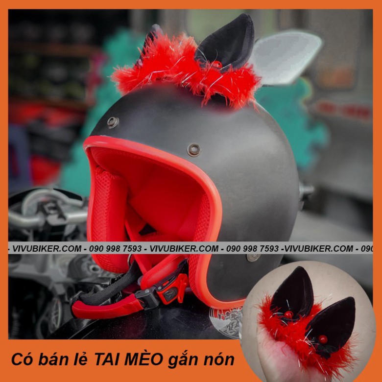 HOT-  Mũ bảo hiểm 3/4 tai mèo màu đen nhám lót đỏ siêu dễ thương - Nón tai gấu FungFing chính hãng bảo hành 12th