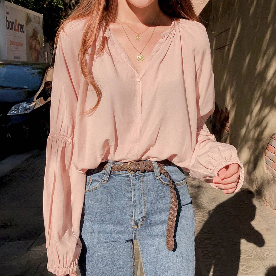 Áo sơ mi Peppermint 37124 tay dài cổ tròn màu trơn thời trang cho nữ