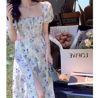 váy hoa nhí vitage đầm hoa cổ vuông xẻ tà phong cách ulazang hàn quốc