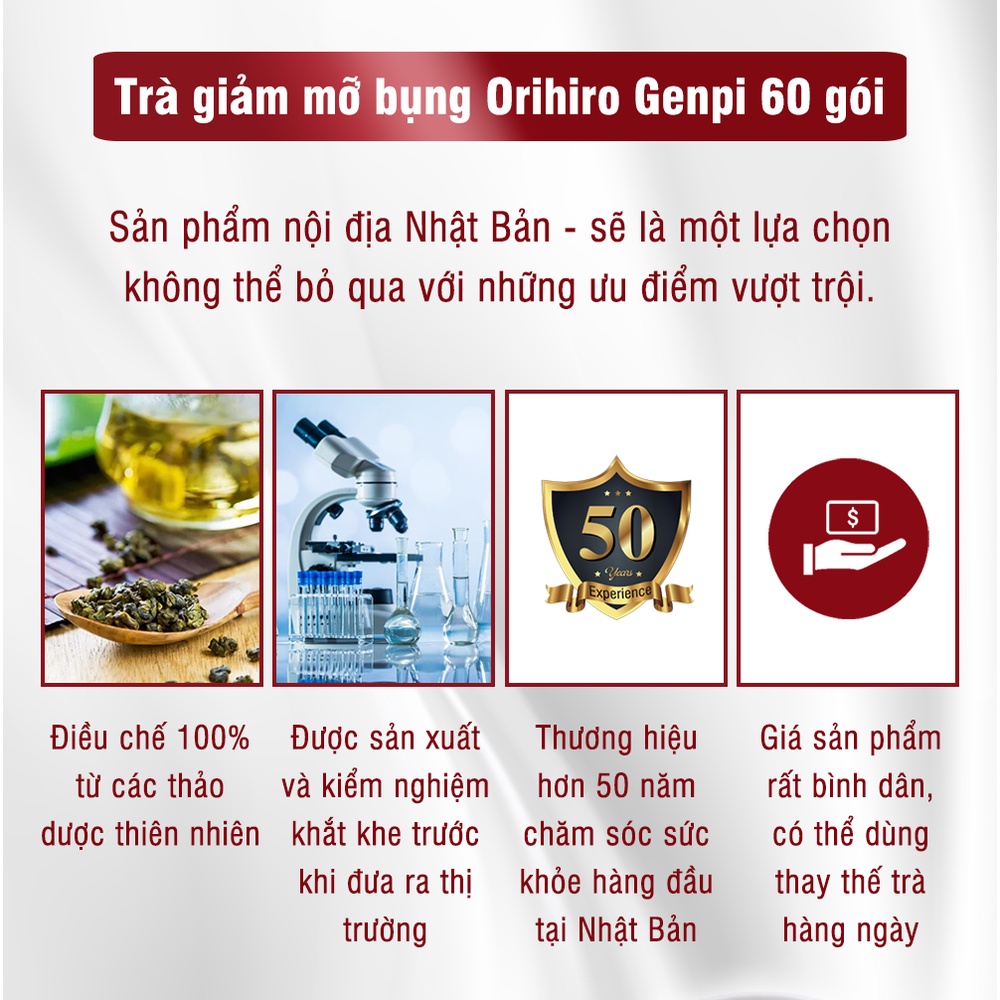 Trà giảm mỡ bụng Genpi Orihiro Nhật Bản hỗ trợ giảm béo, mỡ bắp tay và đùi, chống oxy hoá gói 60 túi lọc TM-OR-GEN01