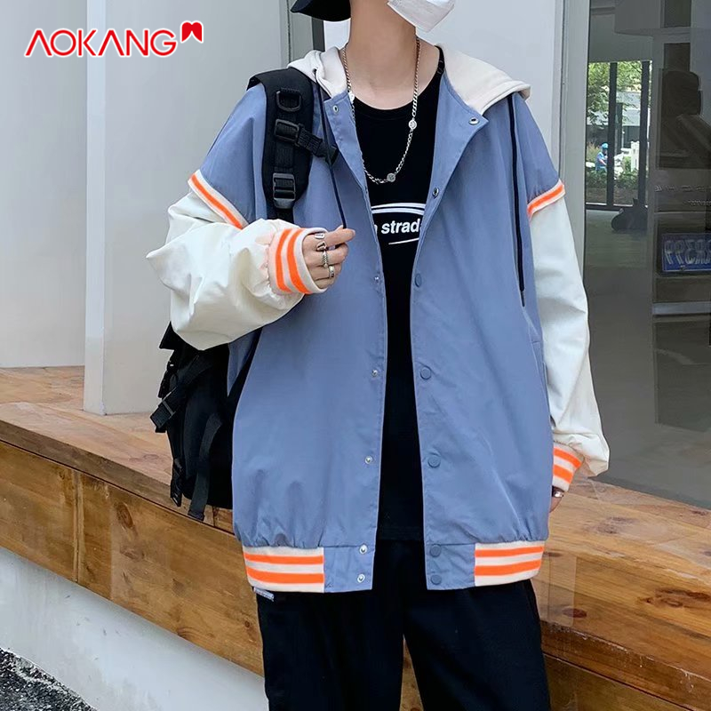 Áo Khoác Bóng Chày Có Nón Giả Hai Lớp Phong Cách Harajuku Thu Đông Cho Nam