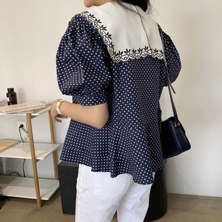 Áo peplum chấm bi xanh