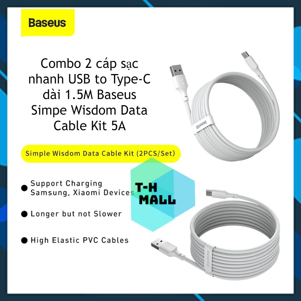 Combo 2 Cáp Sạc Nhanh 1.5m USB to Type-C Baseus Simple Wisdom Data Cable Kit PD 5A Sạc nhanh QC3.0 SCP