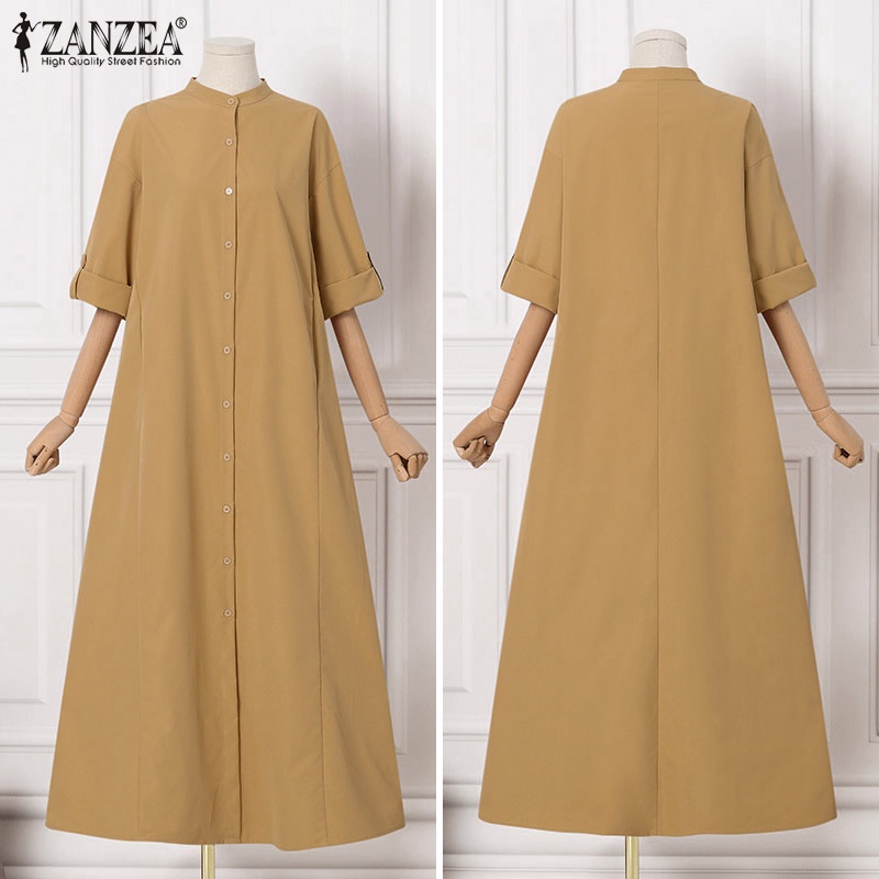 ZANZEA Đầm Maxi Dài Tay Cổ Tròn Có Túi Thời Trang Cho Nữ