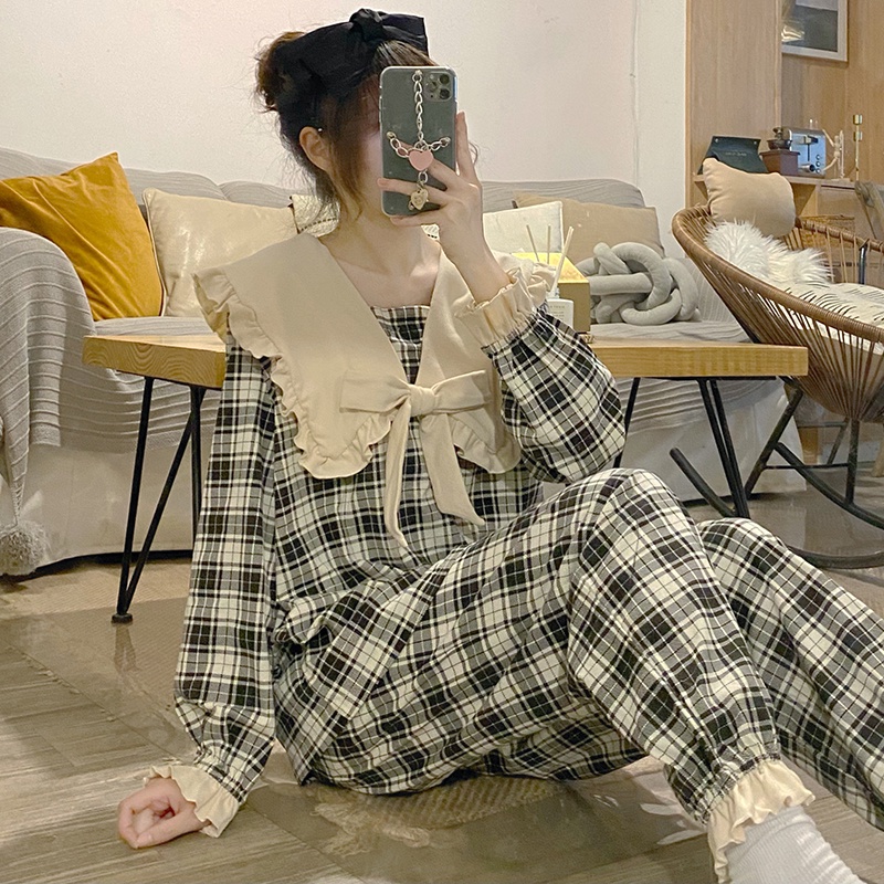 Bộ đồ ngủ/mặc nhà tiểu thư dài tay kẻ sọc phối ren nơ phong cách Hàn Quốc (kèm ảnh thật)