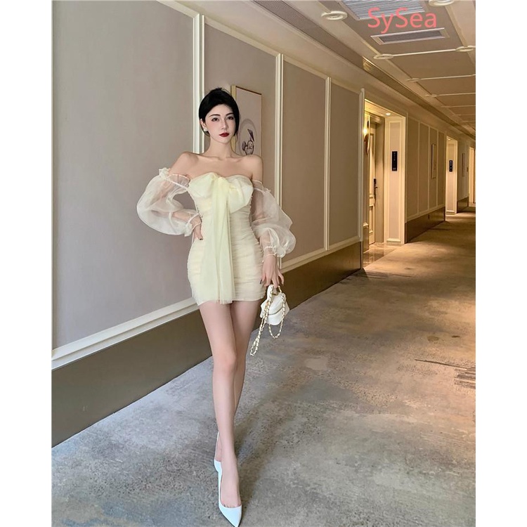 Đầm tay dài phối lưới đính nơ phong cách Pháp cho nữ