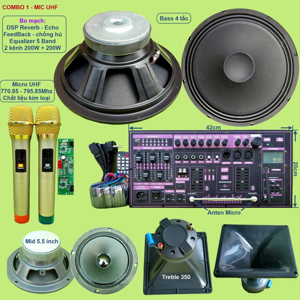 Mạch loa kéo 4 tấc đôi 200W + 200W DSP Reverb Echo có chống hú - Equalizer 5 Band 2 kênh kèm micro