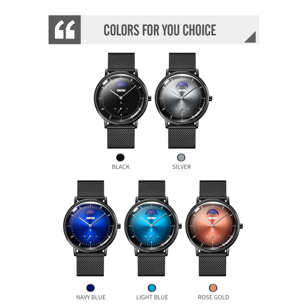 Đồng Hồ Đeo Tay SKMEI 9245 Thiết Kế Mặt Trăng Pha Lê Dây Lưới Thép Không Gỉ Chống Thấm Nước Cho Nam
