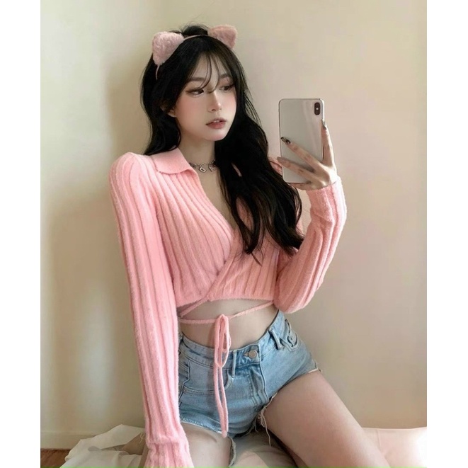 Áo polo đắp chéo tay dài buộc bụng chất thun gân mịn - A0N