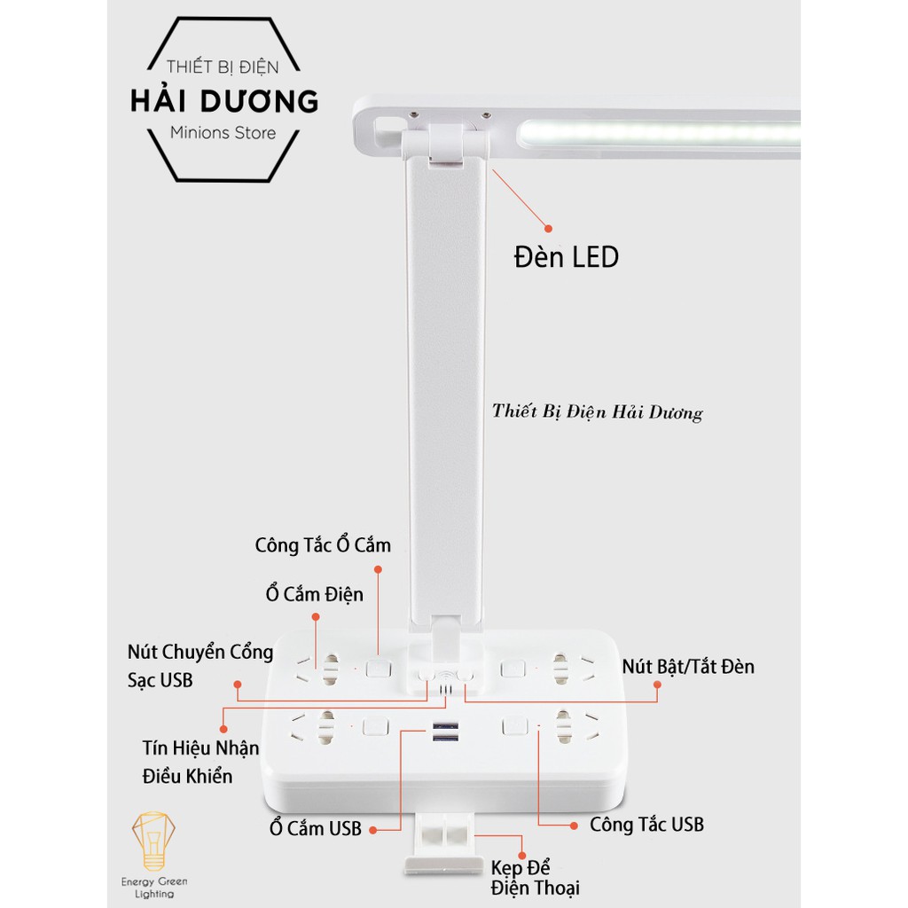 Đèn Bàn Led Có Thể Gấp Gọn DB-3018 - Điều Khiển Từ Xa - Tích Hợp Ổ Cắm Điện, USB - Tặng Kèm 1 Phích Chuyển Đổi 3 Chân