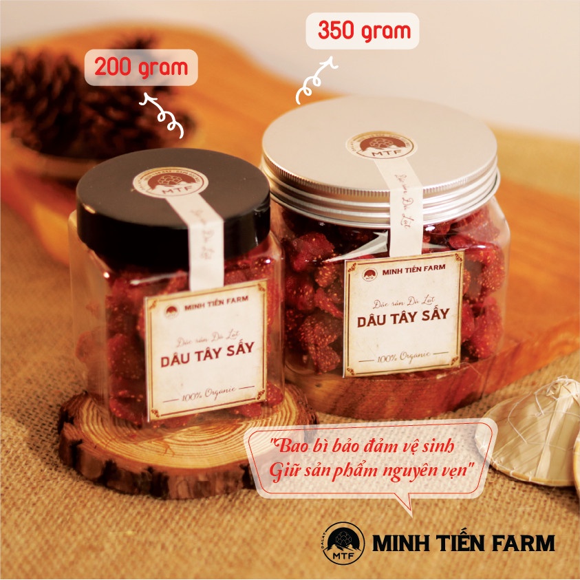 Dâu tây sấy dẻo, dâu tây sấy giòn không đường 100gr- 350gr, trái cây sấy Organic Gốc Đà Lạt Minh Tiến Farm