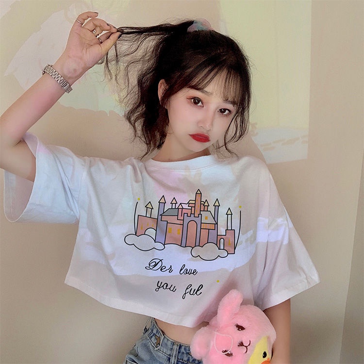 Áo thun croptop tay ngắn dáng rộng thiết kế mới thời trang dành cho nữ 11-13 tuổi
