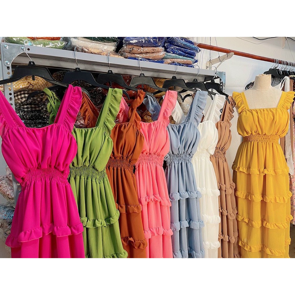 Đầm maxi tay cánh tiên phối tầng, đầm đi biển, đi tiệc + hình thật mẫu mặc