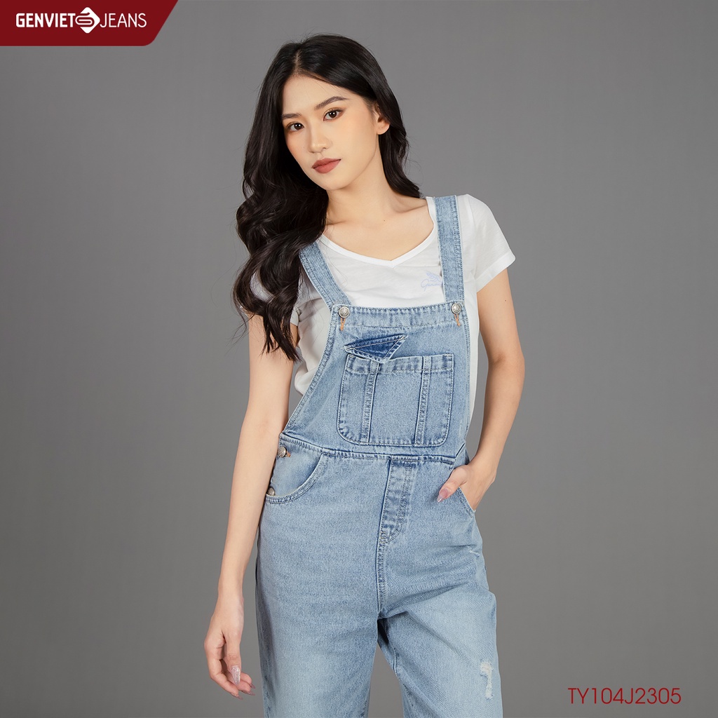 Yếm Jeans Nữ Genviet Jeans Dáng Dài Baggy Rách Xước Nhẹ Chất Bò Mềm Mát Cao Cấp TY104J2305