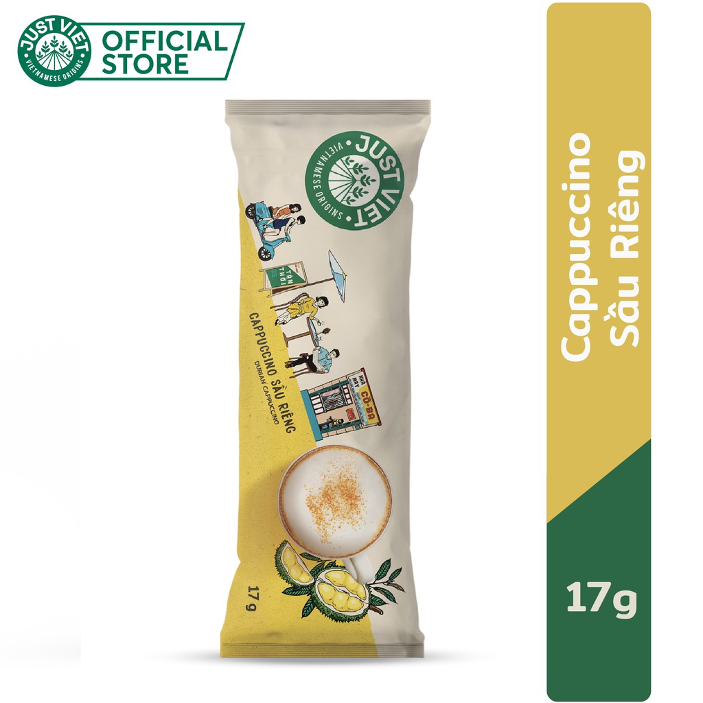 Cà Phê Cappuccino Sầu Riêng Just Viet (Stick)- Đúng Điệu Gu Việt - Sánh Đậm Tự Nhiên - 17g