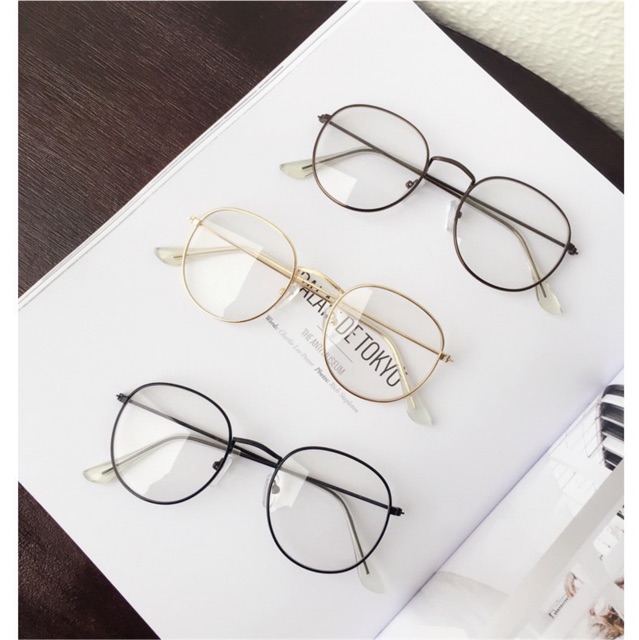 👓 Gọng kính giả cận kim loại dáng tròn méo vintage kèm tròng