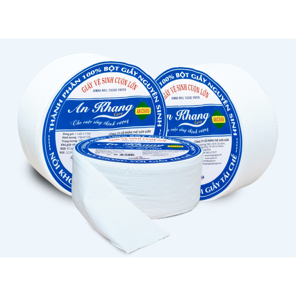 Giấy vệ sinh cuộn lớn AN KHANG AKC500, 100% bột giấy nguyên sinh, dùng trong nhà vệ sinh, toilet, hai lớp 500gr