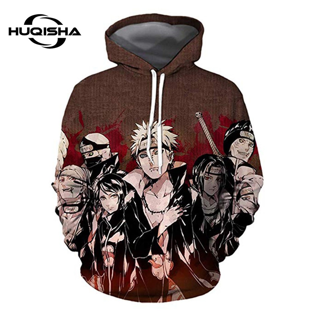 Áo hoodie HUQISHA cổ dây rút in họa tiết Naruto Akatsuki anime thời trang mới dành cho nam