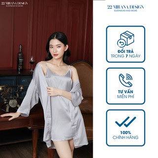 Bộ áo choàng ngủ + váy 2 dây MIRANA màu ghi thiết kế cao cấp, sang trọng vải tsumugi lạnh Nhật Bản