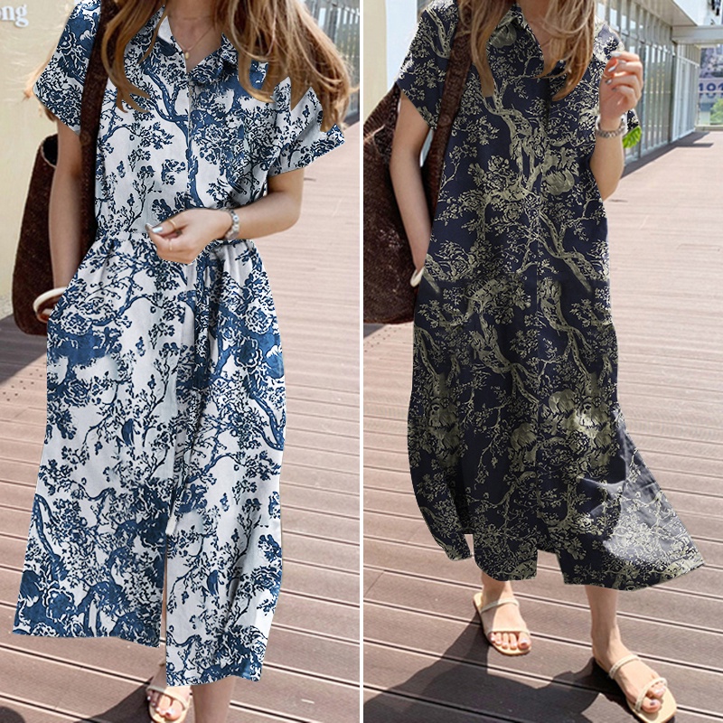 Đầm nữ cotton ZANZEA tay ngắn in họa tiết vintage