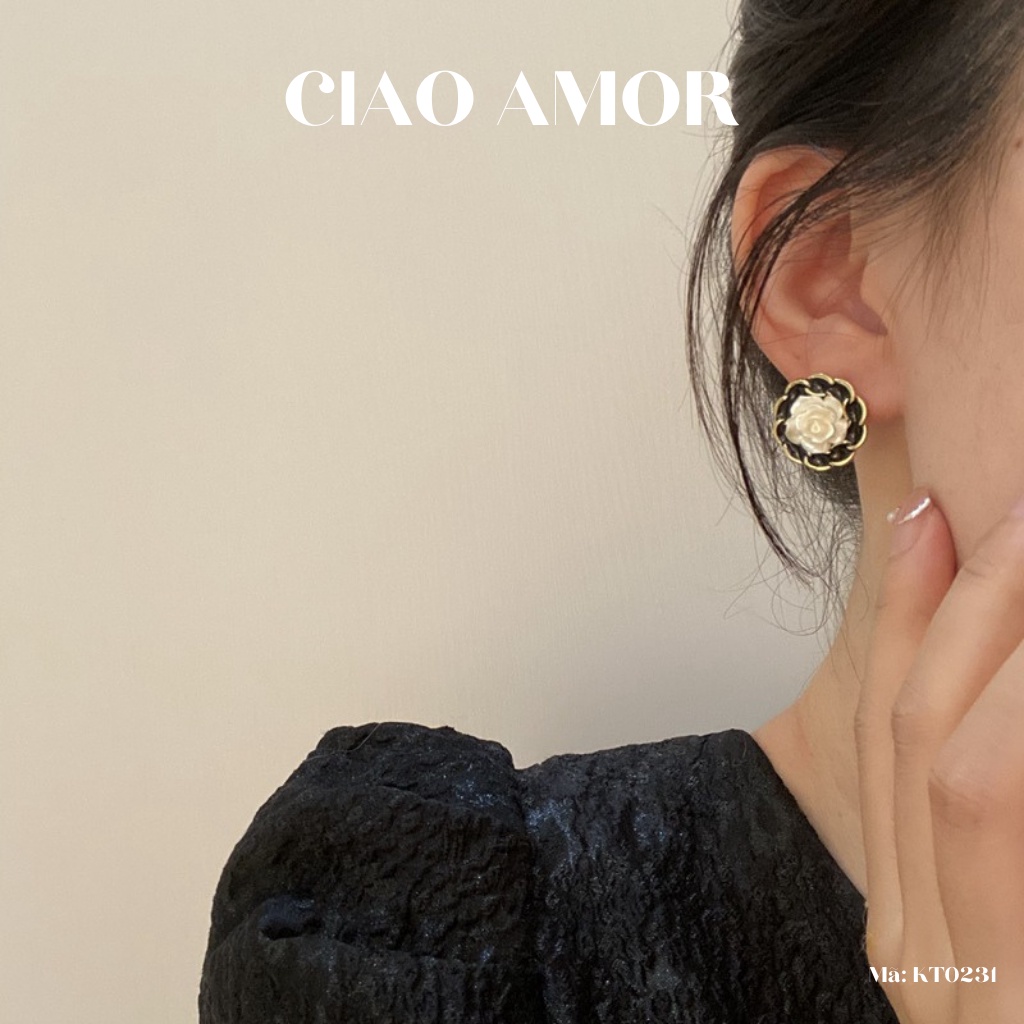 KT0231-Khuyên tai nữ, Hoa tai bạc 925 hoa hồng trắng viền đen Trang sức Ciao Amor
