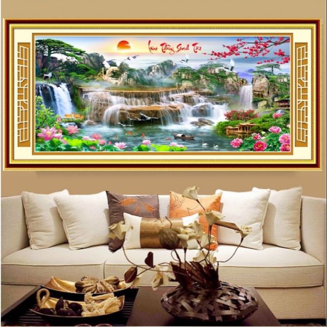 Tranh thêu kín lưu thủy sinh tài ( MN0023 (195 x 85). Mn0022(149x66)) tranh 3d (88982(152*73)