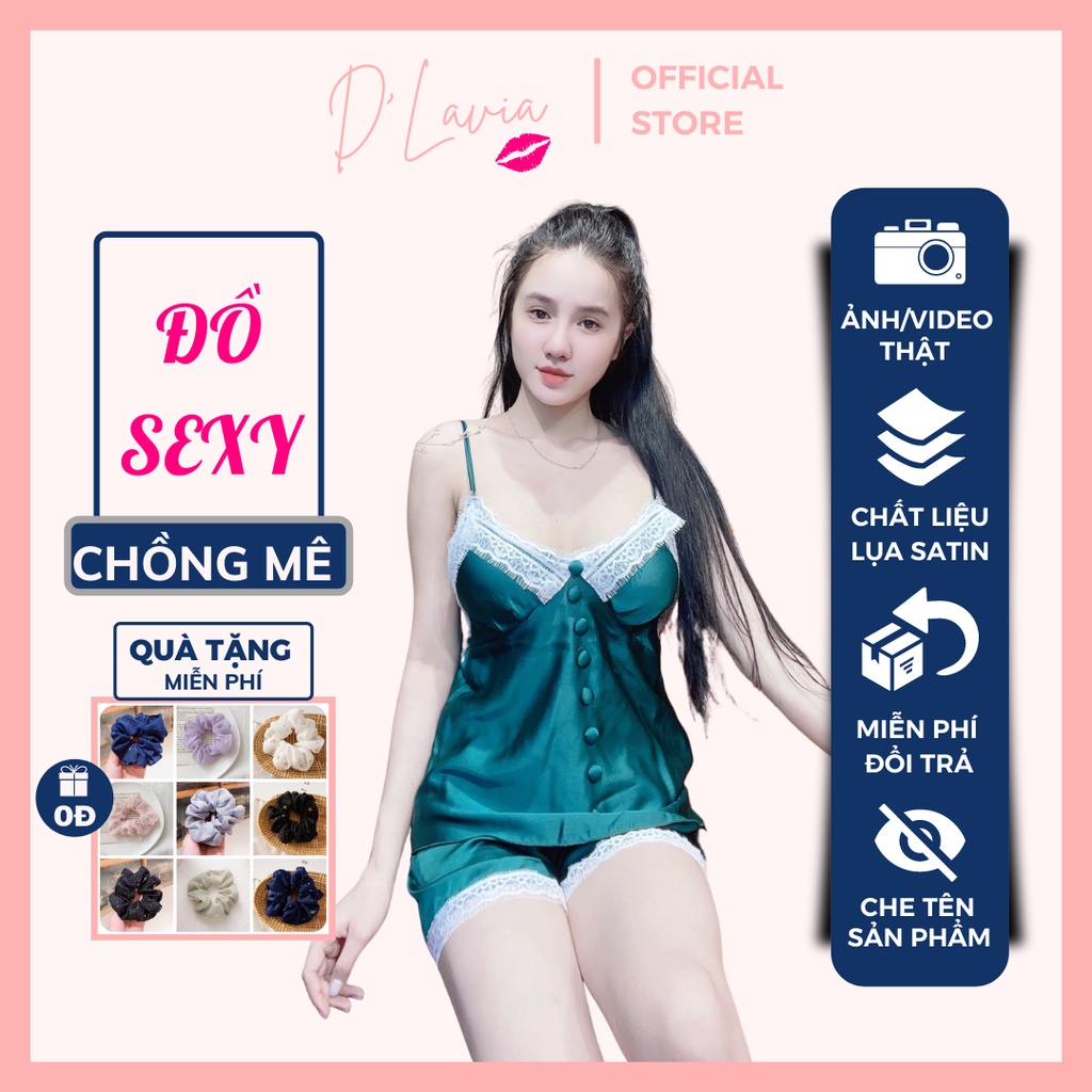 Đồ ngủ nữ sexy hai dây lụa satin cao cấp phối ren đính nút có mút ngực quyến rũ thoáng mát AN61 - D'Lavia