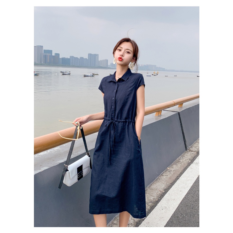 Đầm Linen nữ, Váy sơ mi rút eo tay hến 2 túi sườn thời trang trẻ phong cách Hàn Quốc