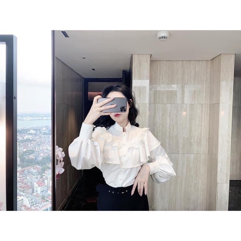 Áo sơ mi cổ trụ cúc ngọc bèo tầng