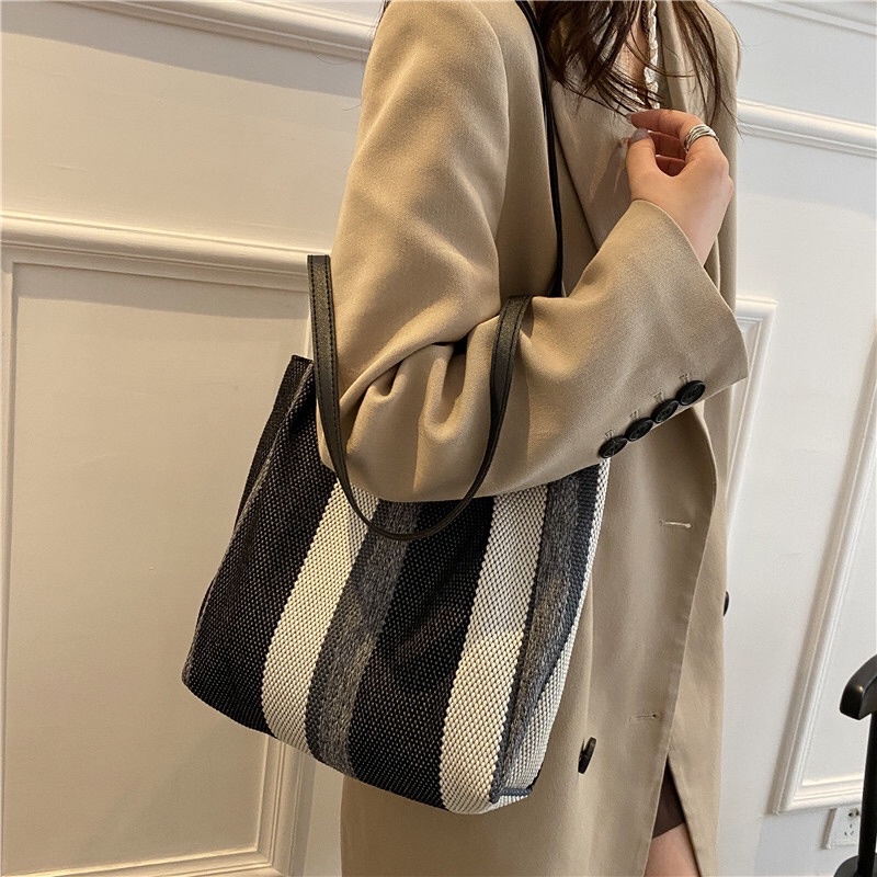 [SẴN xanh] Túi tote vải lanh sọc thanh lịch đi làm_phong cách Hàn Quốc nữ tính