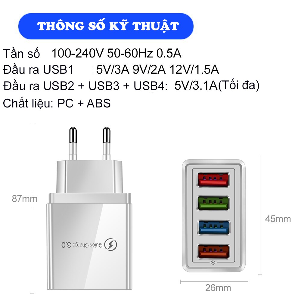 Củ Sạc Nhanh - Ổ Sạc Đa Năng Tiêu Chuẩn Châu Âu 4 Cổng USB 5V 3A