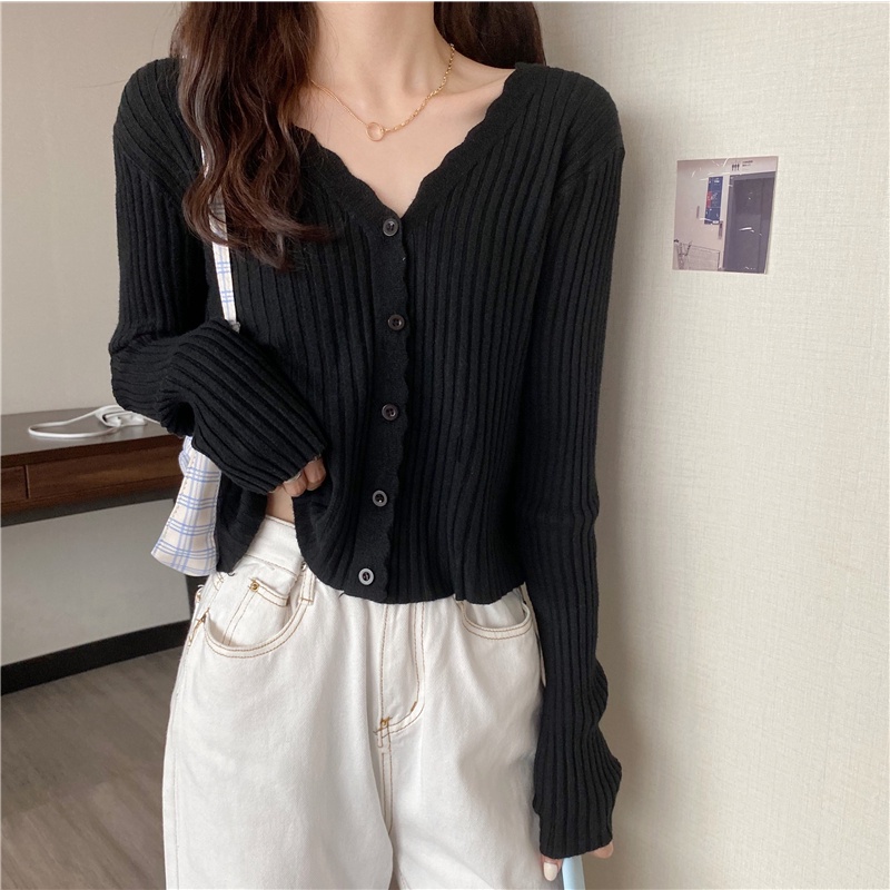 Áo cardigan dệt kim ZHELIHANGFEI tay dài cổ chữ V dáng ôm phong cách gợi cảm