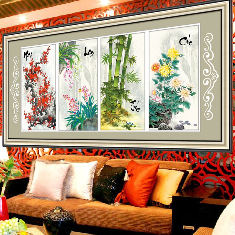 Tranh thêu chữ thập tứ quý Đào Lan Cúc Trúc LV3266 - tự thêu